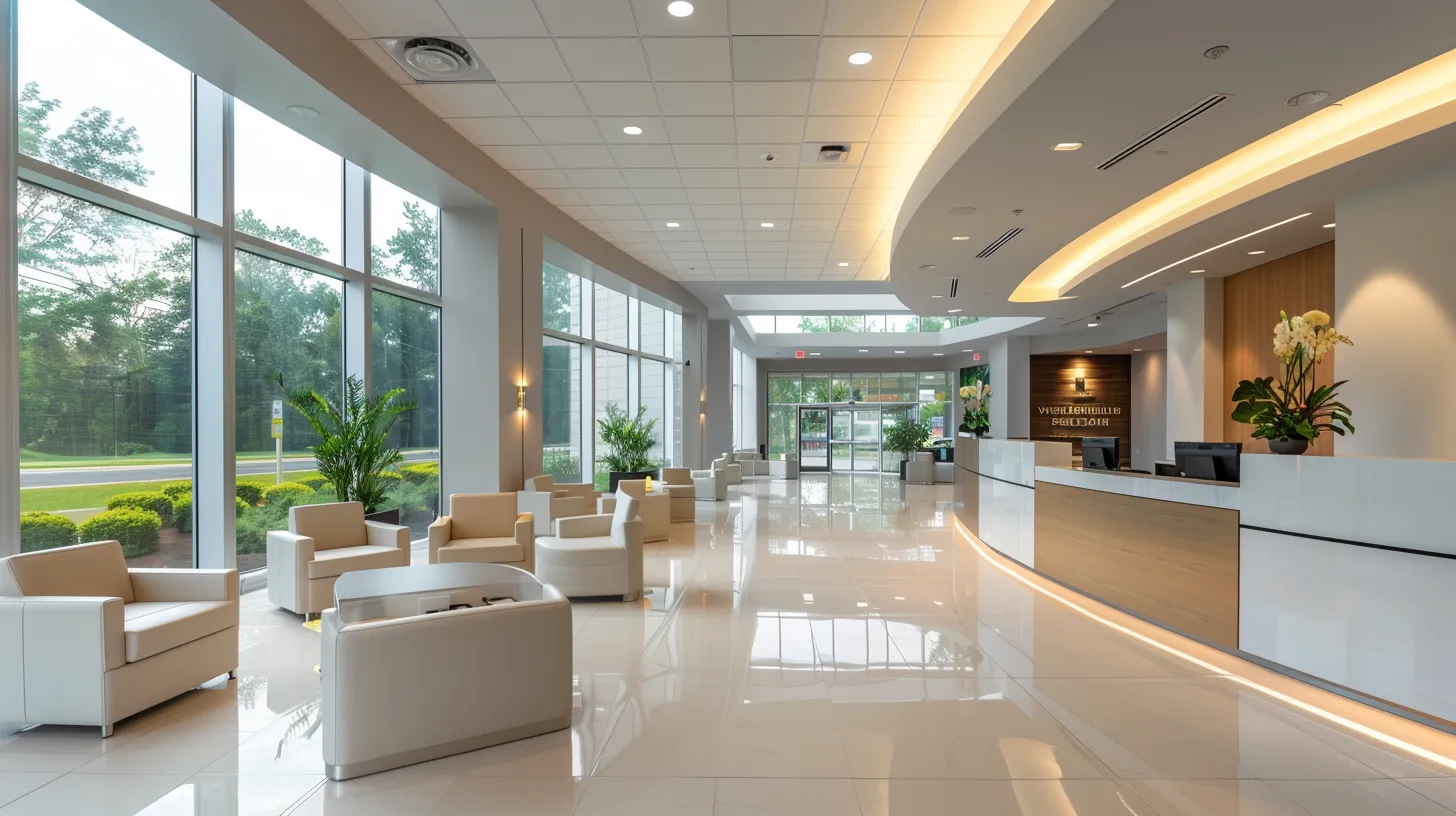 a serene and inviting skin rejuvenation clinic in southfield, mi, showcasing modern treatment rooms bathed in soft, natural light, highlighting a tranquil atmosphere and advanced aesthetic technology.